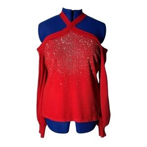 Ember red Off shoulder sweater with rhinestones soft stretchy top
